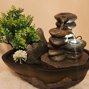 Zen Rock Fountain with Greenery